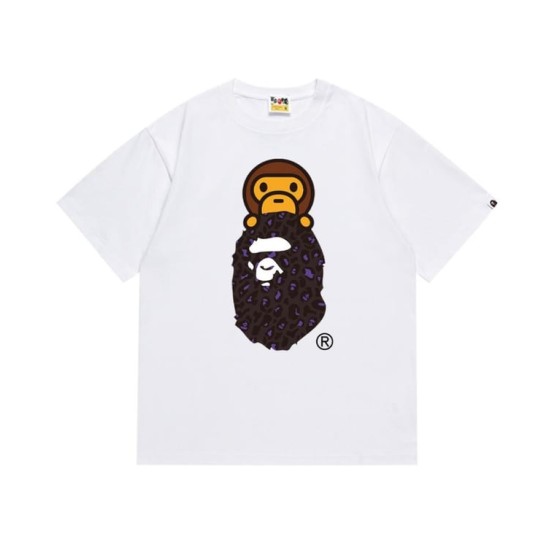 White BAPE T-Shirt with Purple Leopard Print Ape Head and Baby Milo Print